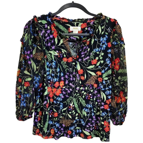 ANTHROPOLOGIE Maeve Floral Black Blouse Sheer Sleeve Jacquin Peasant Top - Picture 3 of 8